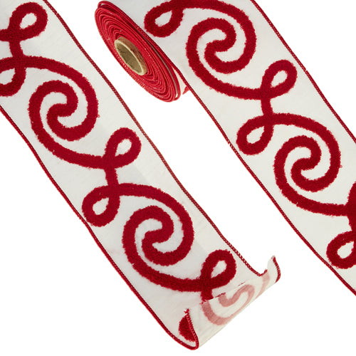 RAZ 4" X 10 YD White with Red Swirl Wired Ribbon