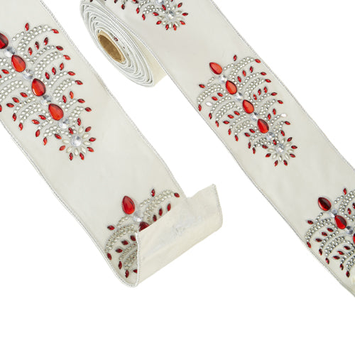 RAZ 4" X 5 YD White with Red and Silver Jeweled Tree Wired Ribbon