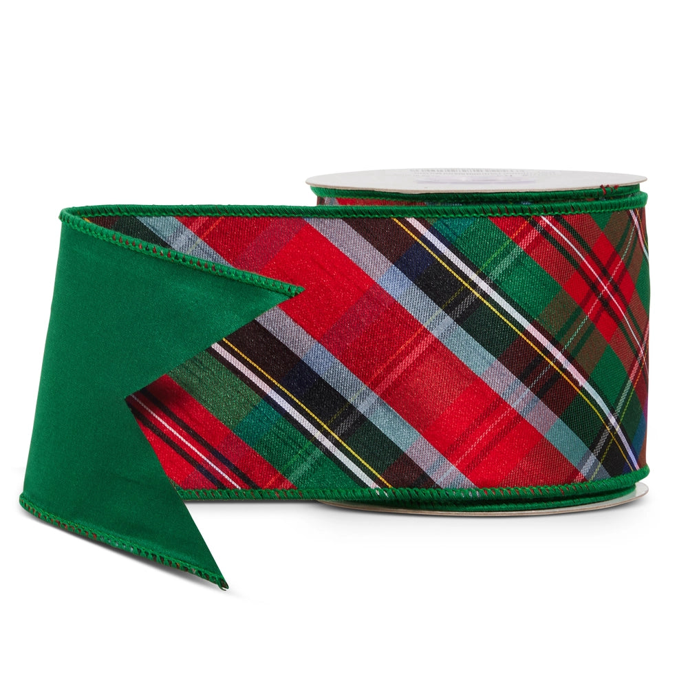RAZ 4 inch red and green tartan plaid structured wired ribbon with emerald green reverse, perfect for designer bows, Christmas wreaths, garlands, trees and luxury holiday décor.