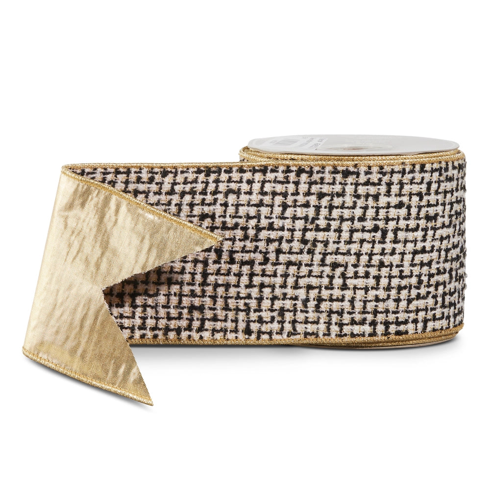 RAZ 4 inch black and white tweed structured wired ribbon with champagne gold reverse, perfect for designer bows, luxury wreaths, Christmas trees, floral arrangements and elegant home décor.
