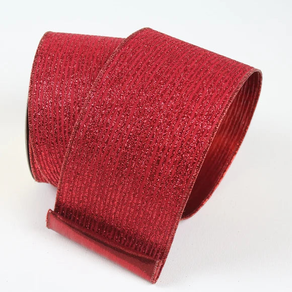 Farrisilk 2.5 inch Red Random Stripes glittered wired ribbon with red backing for luxury bows, wreaths, Christmas trees and Valentine’s Day décor.