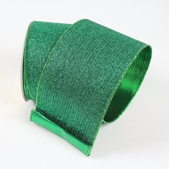 Farrisilk 2.5 inch Emerald Green Random Stripes glittered wired ribbon with green backing for luxury bows, wreaths, garlands and Christmas décor.