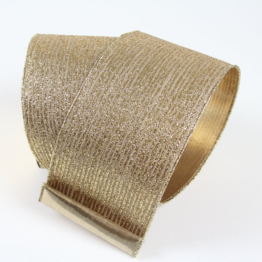 Farrisilk 2.5 inch Gold Random Stripes glittered wired ribbon with metallic gold backing for luxury bows, wreaths, garlands and Christmas décor.