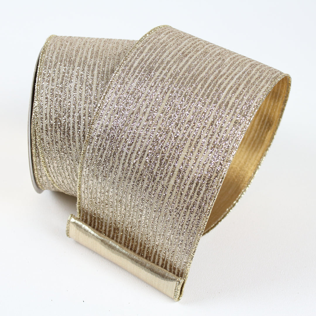 Farrisilk 2.5 inch Platinum Gold Random Stripes glittered wired ribbon in a warm champagne gold tone for luxury bows, wreaths and Christmas décor.