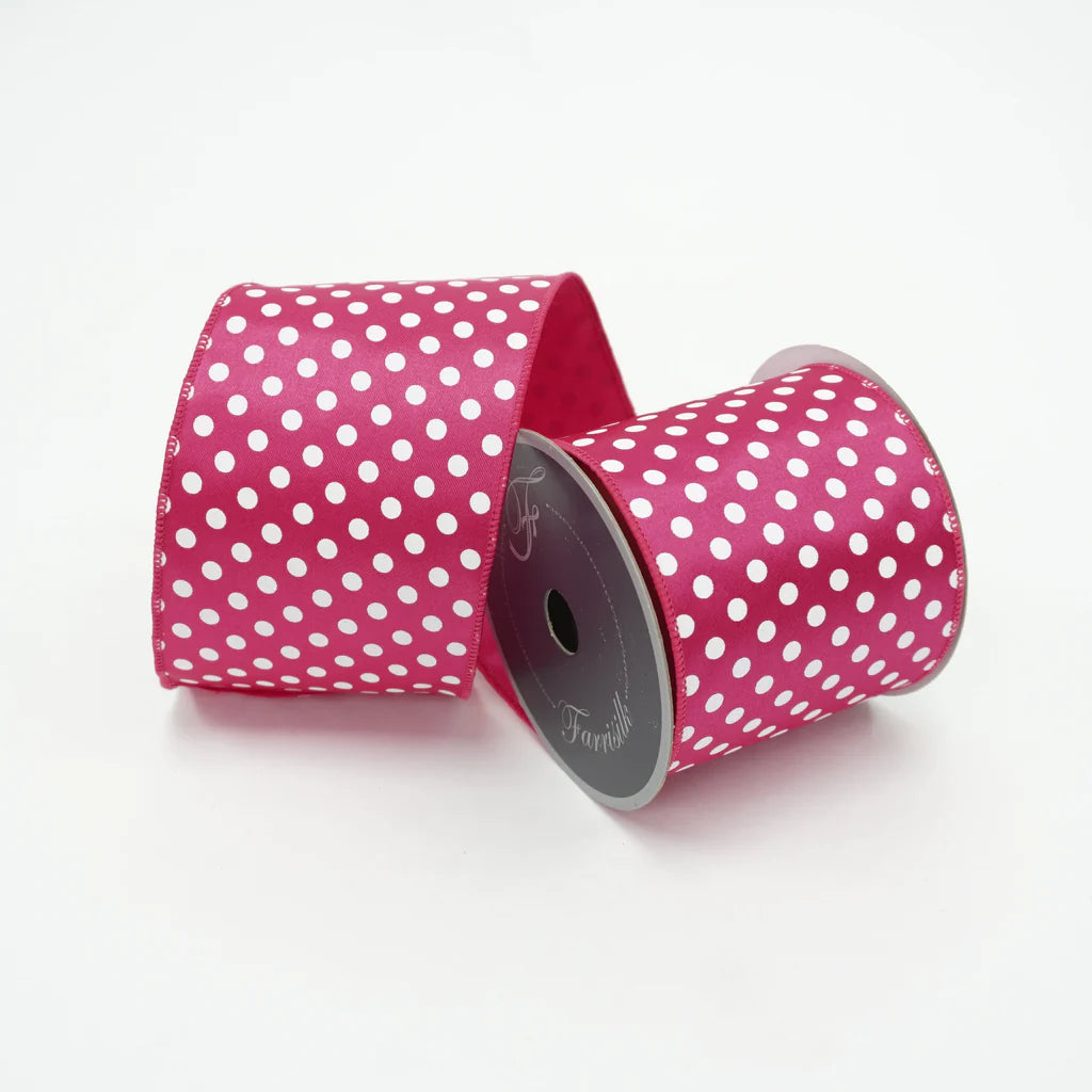 Farrisilk 2.5" x 10 YD Hot Pink and White Mini Dots Wired Ribbon