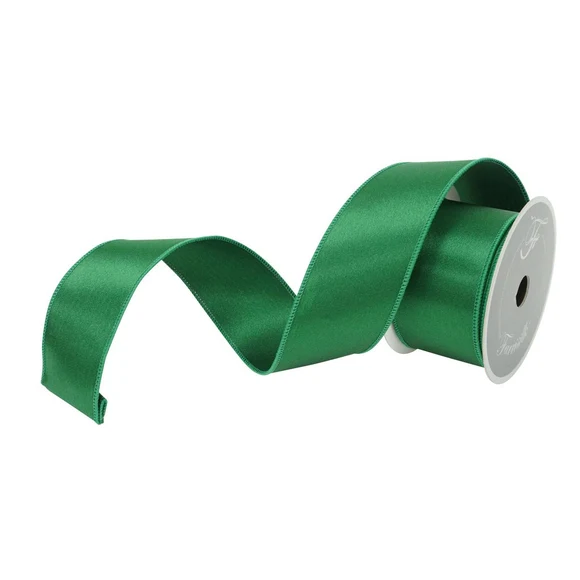 Farrisilk 2.5 inch Emerald Green Satin wired ribbon with a smooth finish for luxury bows, wreaths, garlands, Christmas trees and floral designs.