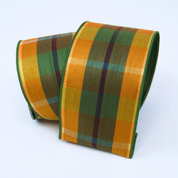 Farrisilk 4" x 10 YD Simply Plaid Wired Ribbon in Green and Rust