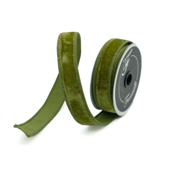 Farrisilk 1" olive green velvet wired ribbon, 10 yards, for luxury bows, wreaths, Christmas trees, Fall arrangements and seasonal décor.