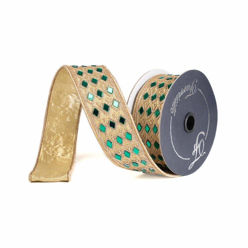 Farrisilk 1.5 inch emerald green and gold crystal trim wired ribbon with jeweled accents for luxury bows, wreaths, garlands and Christmas décor.