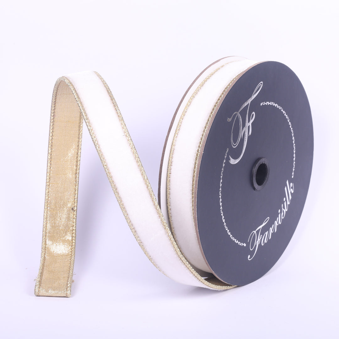 Farrisilk 1 inch x 10 yard ivory flashy velvet wired ribbon with metallic gold backing for designer bows, Christmas décor, Valentine's Day, weddings, wreaths, floral arrangements, gift wrapping, and luxury home décor.