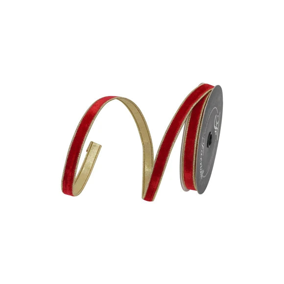 Farrisilk .75 inch red Flashy Velvet wired ribbon with gold back for bows, wreaths, Christmas, Valentine’s Day, patriotic décor and floral designs.