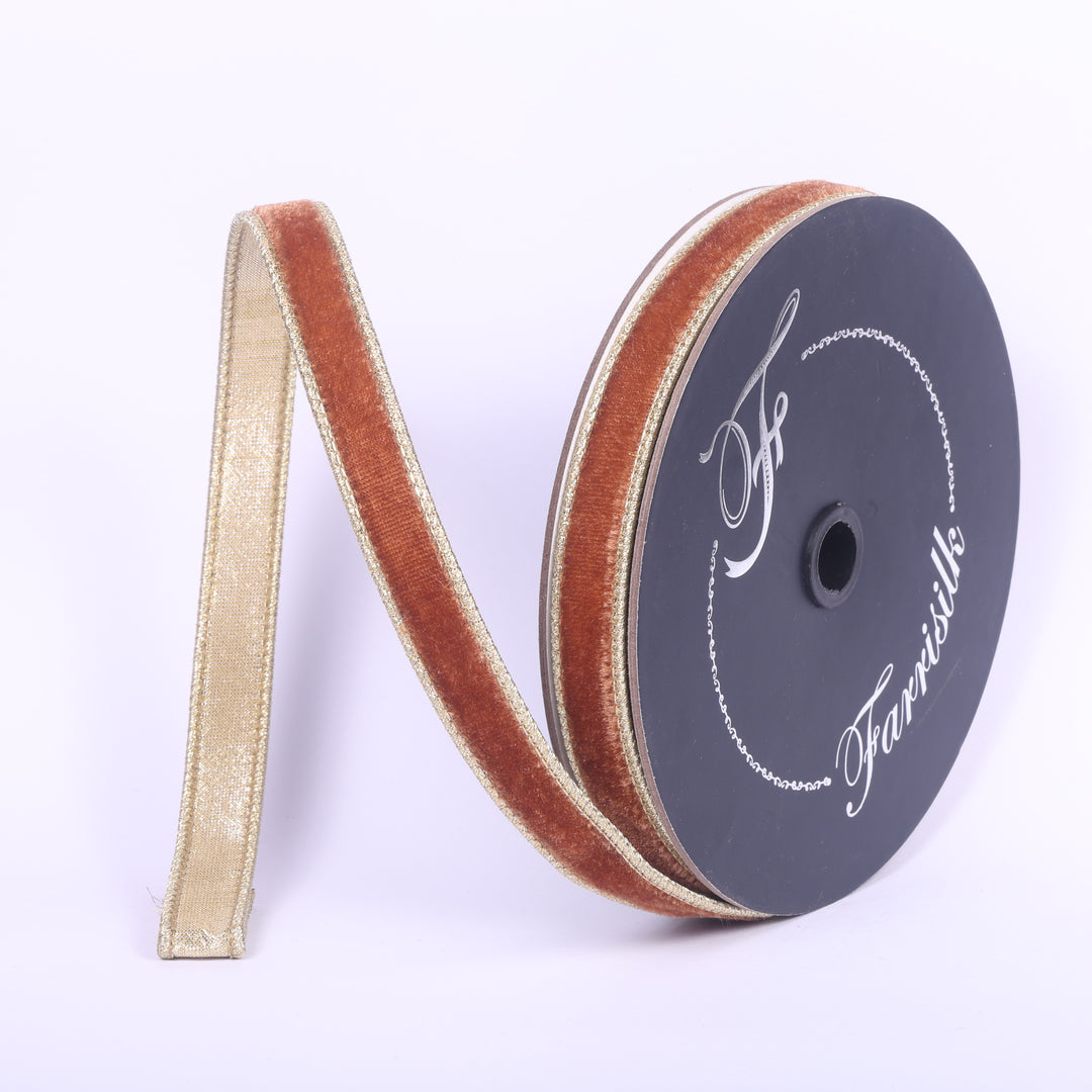 Farrisilk .75 inch x 10 yard pecan flashy velvet wired ribbon with metallic backing for designer bows, fall wreaths, Thanksgiving décor, Christmas decorating, floral arrangements, gift wrapping, and luxury home décor.