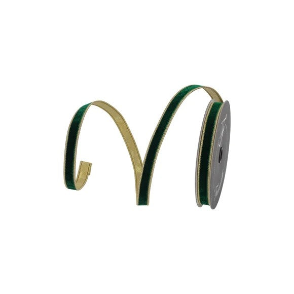 Farrisilk .75 inch emerald green Flashy Velvet wired ribbon with gold back for bows, wreaths, Fall designs, Christmas décor and floral arrangements.