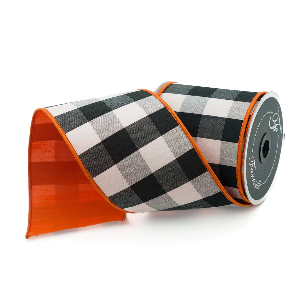Farrisilk LUXURY 4" x 10 YD Black and White Checks in Orange Wired Ribbon