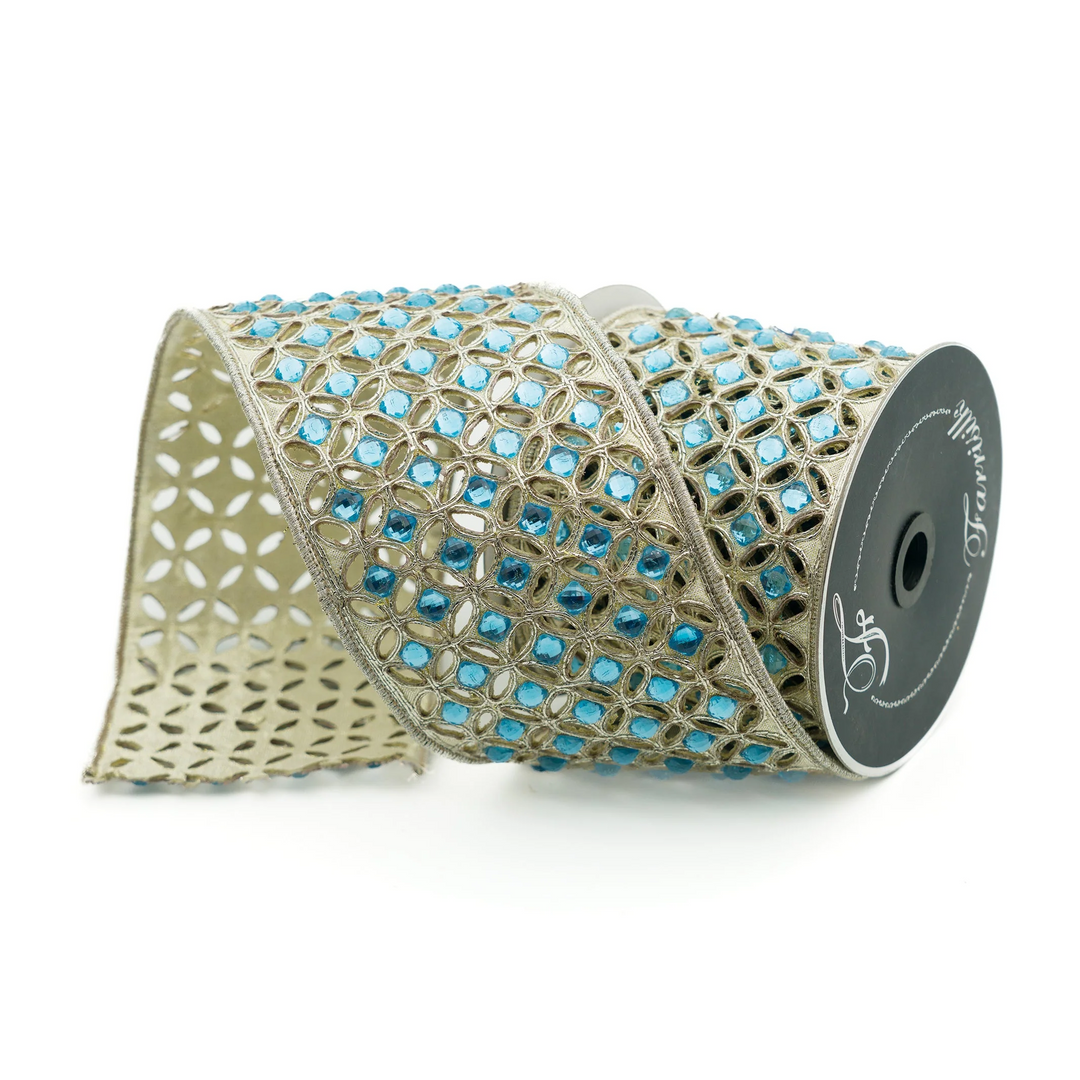 Farrisilk 4 inch x 5 yard light blue diamond lace wired ribbon for luxury wreath bows, wedding décor, baby shower decorations, Easter decorating, floral arrangements, and elegant home décor