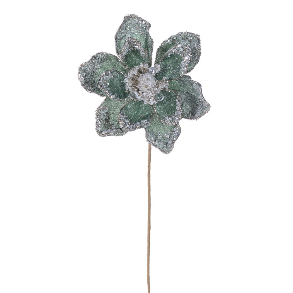 Set of 2 Vickerman 17.5 inch seafoam green iced poinsettia picks with sparkling edges and decorative centers for Christmas trees and holiday décor.