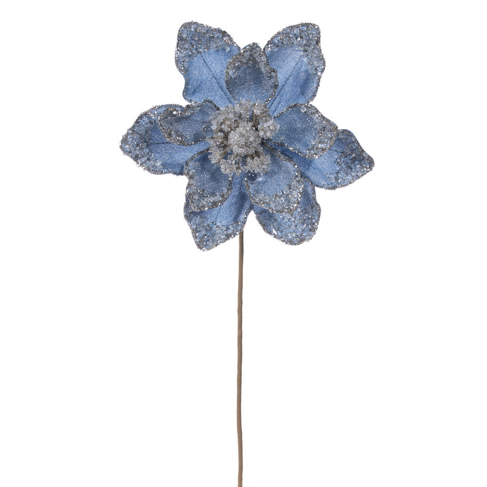 Set of 2 Vickerman 17.5 inch denim blue iced poinsettia picks with sparkling edges and crystal-like centers for Christmas trees and holiday décor.