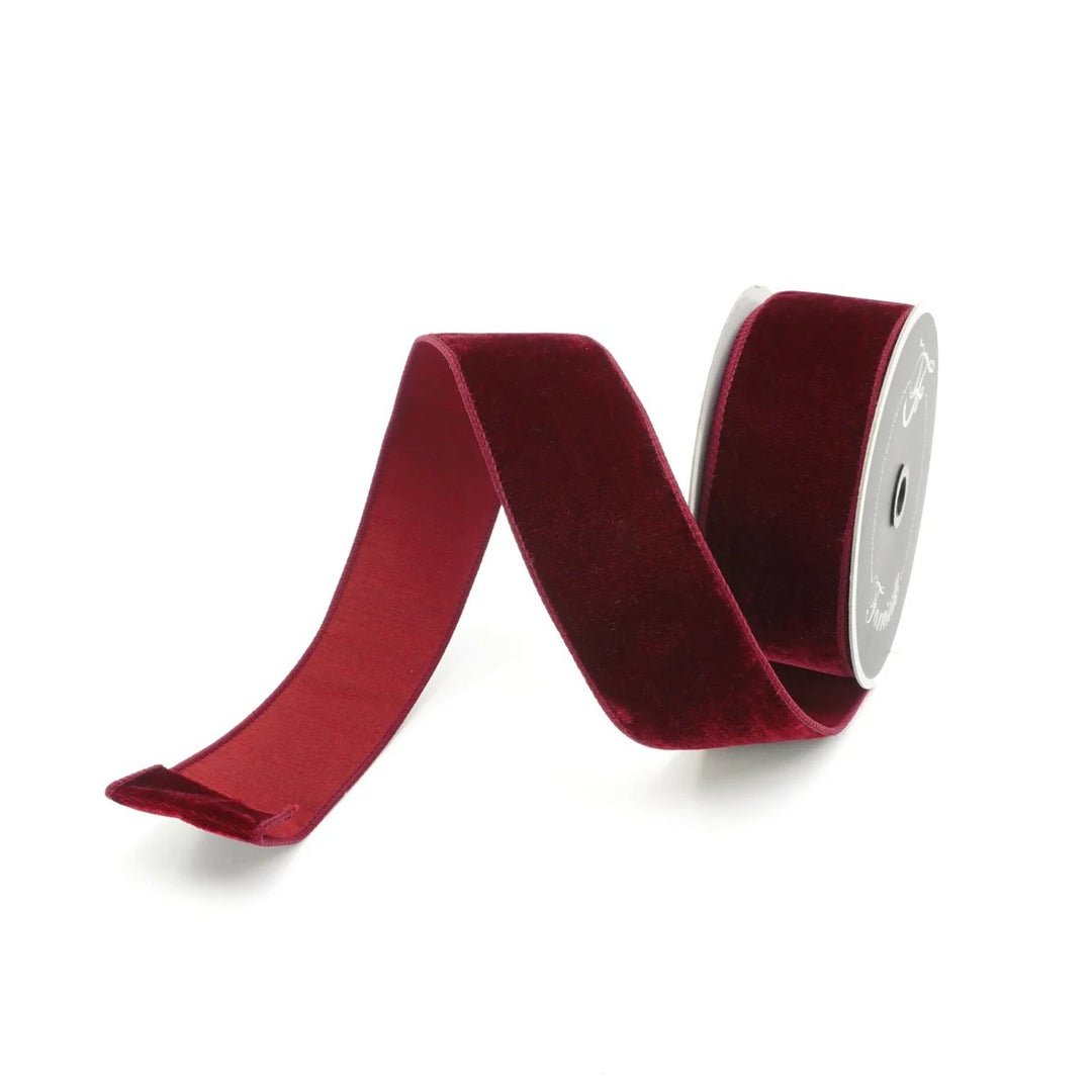 Farrisilk 2.5 inch x 10 yard burgundy red velvet wired ribbon for designer bows, wreaths, Christmas, Valentine's Day, weddings, floral arrangements, gift wrapping, and luxury home décor.