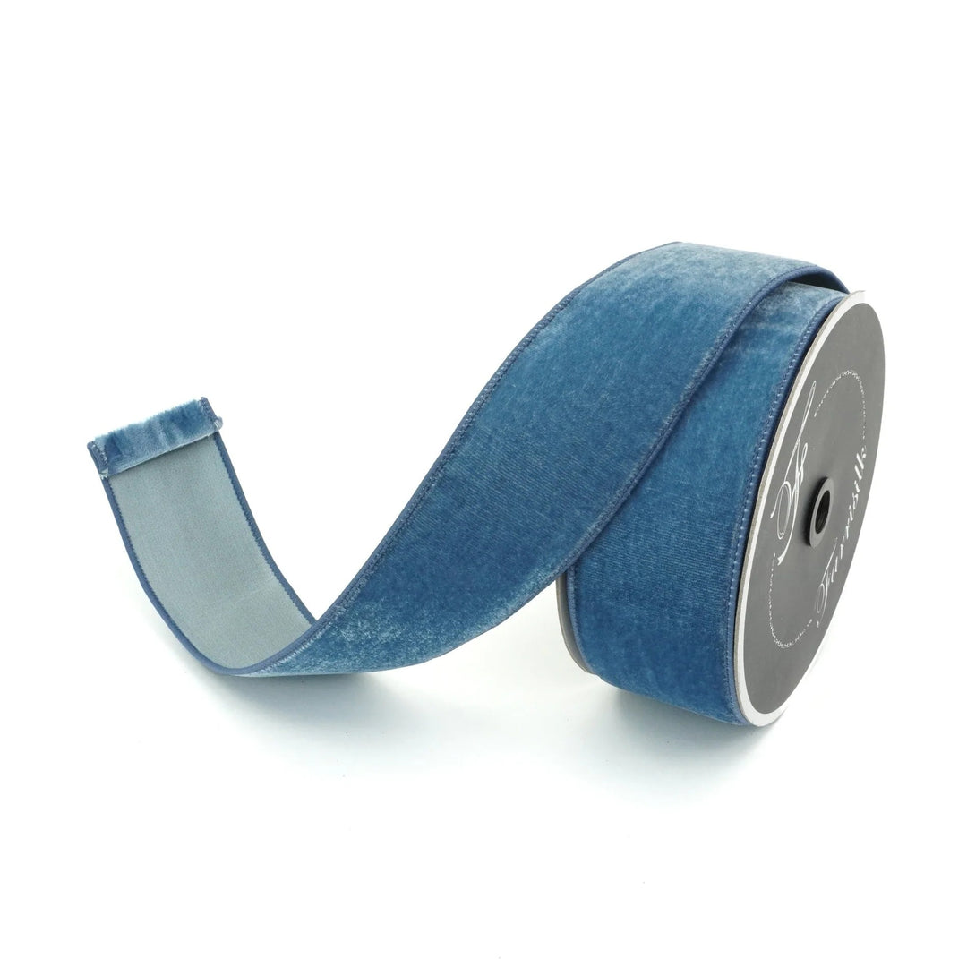 Farrisilk 2.5 inch steel blue velvet wired ribbon for designer bows, wreaths, Fall designs, Christmas décor, florals and elegant seasonal decorating.