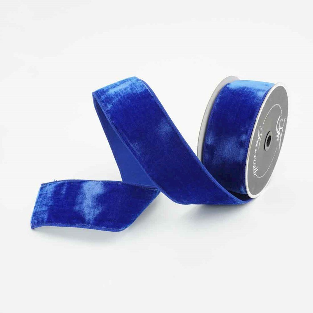 Farrisilk 2.5 inch royal blue velvet wired ribbon with plush texture and structured edges for luxury bows, Christmas wreaths, floral arrangements and home décor.