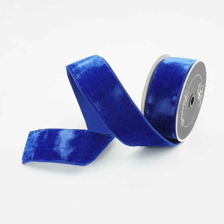 Farrisilk 2.5 inch royal blue velvet wired ribbon with plush texture and structured edges for luxury bows, Christmas wreaths, floral arrangements and home décor.