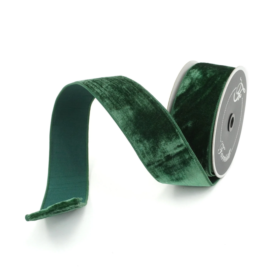 Farrisilk 2.5 inch x 10 yard emerald green velvet wired ribbon for Christmas bows, Fall wreaths, St. Patrick's Day decorations, floral arrangements, weddings, and luxury home décor.