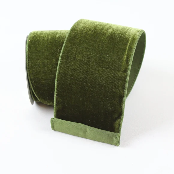 Farrisilk 2.5" olive green velvet wired ribbon, 10 yards, for luxury bows, wreaths, Fall décor, Christmas trees, garlands and floral designs.