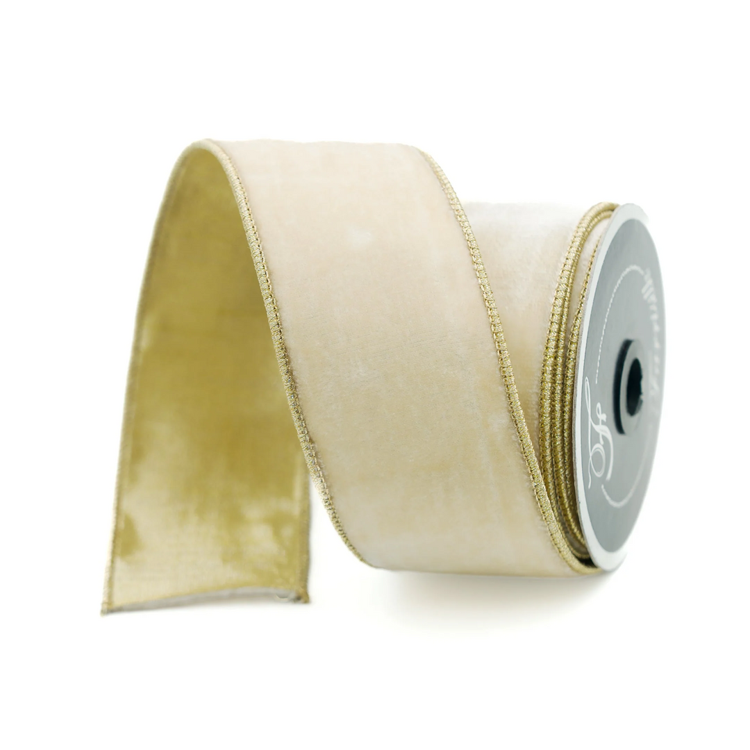 Farrisilk 2.5 inch x 10 yard cream flashy velvet wired ribbon with metallic gold back for luxury wreath bows, Christmas decorating, wedding décor, floral arrangements, gift wrapping, and elegant home décor