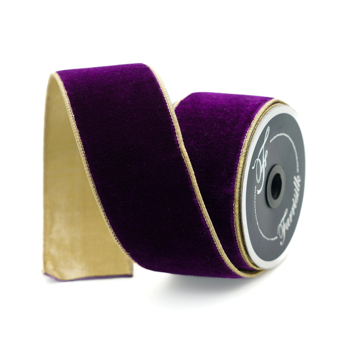 Farrisilk 2.5 inch x 10 yard purple flashy velvet wired ribbon with metallic gold back for luxury wreath bows, Halloween decorating, Christmas décor, Mardi Gras, floral arrangements, gift wrapping, and elegant home décor