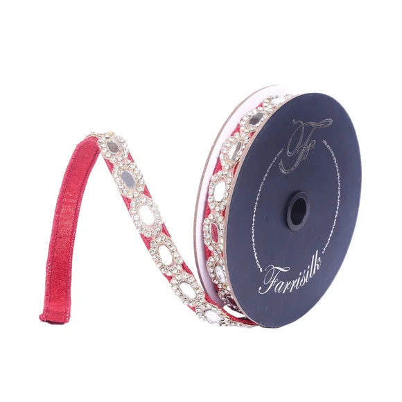 Farrisilk .75" red Diamond Reflection wired ribbon with oval jewels and rhinestone accents for luxury Christmas and Valentine’s Day décor.
