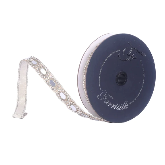 Farrisilk .75" Crystal Diamond Reflection wired ribbon with reflective oval jewels and rhinestone accents for luxury bows and elegant holiday décor.