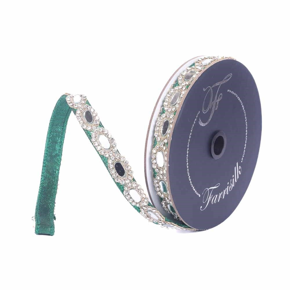 Farrisilk .75 inch Emerald Green Diamond Reflection wired ribbon with reflective oval jewels and crystal accents for luxury bows and Christmas décor.