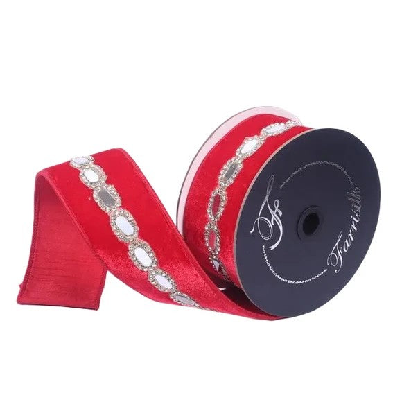 Farrisilk 2.5 inch red Cordelia Diamonds wired ribbon with rhinestone trim and hand-cut mirrored ovals for Christmas and Valentine’s Day bows and décor.