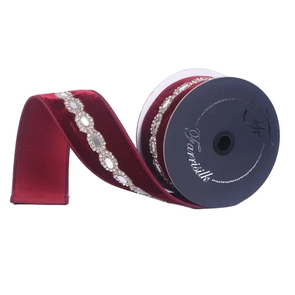 Farrisilk 2.5" Ruby Red Cordelia Diamond wired ribbon with velvet, reflective jewels and rhinestone trim for luxury bows and seasonal décor.