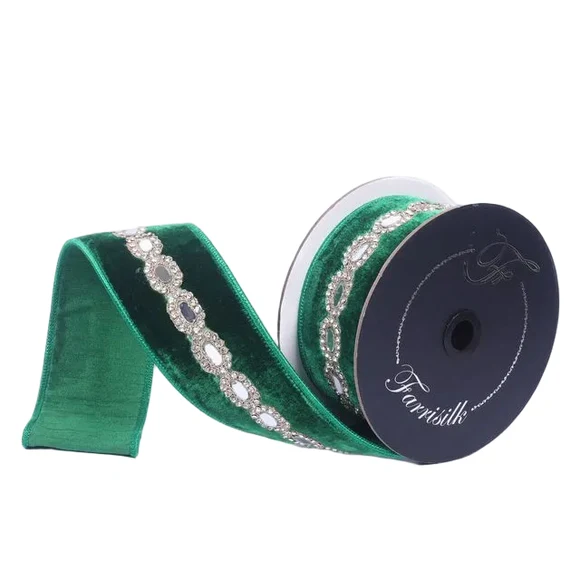 Farrisilk 2.5" Emerald Green Cordelia Diamond wired ribbon with velvet, reflective jewels and rhinestone trim for luxury bows and Christmas décor.
