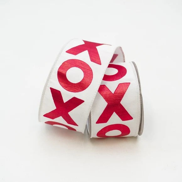 Farrisilk 2.5 inch Hugs 'N Kisses white wired ribbon with red foil XOXO design for Valentine’s Day bows, wreaths, florals and décor.