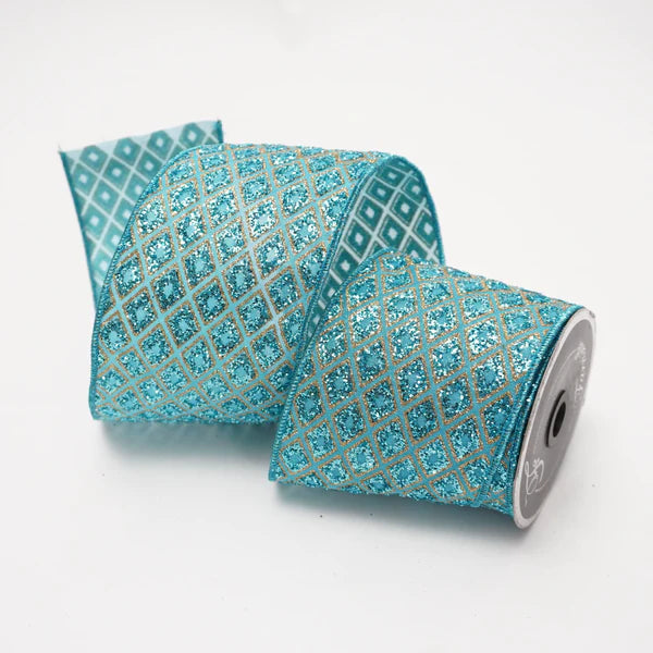 Farrisilk 4" x 10 YD Turquoise Marquise Diamond Wired Ribbon
