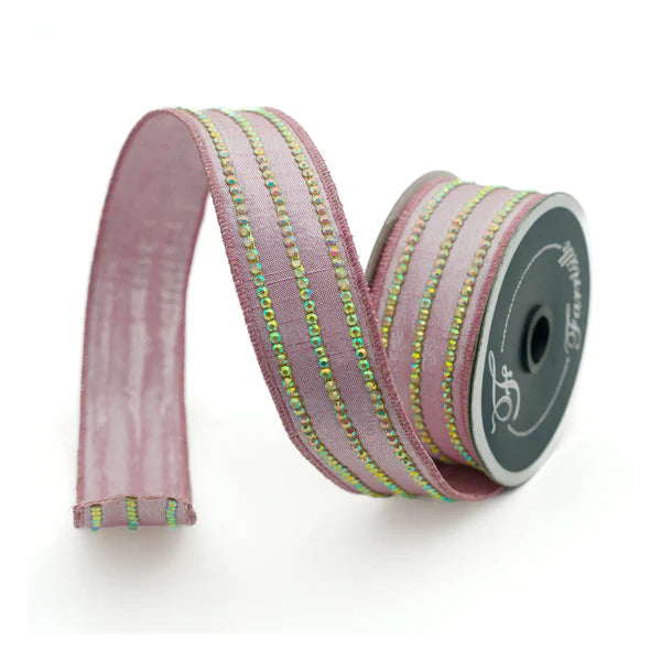 Farrisilk 1.5" X 5 YD Light Pink Iridescent Stripes Wired Ribbon