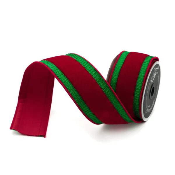 Farrisilk 2.5" x 10 YD Pleated Borders in Red Velvet and Green Wired Ribbon