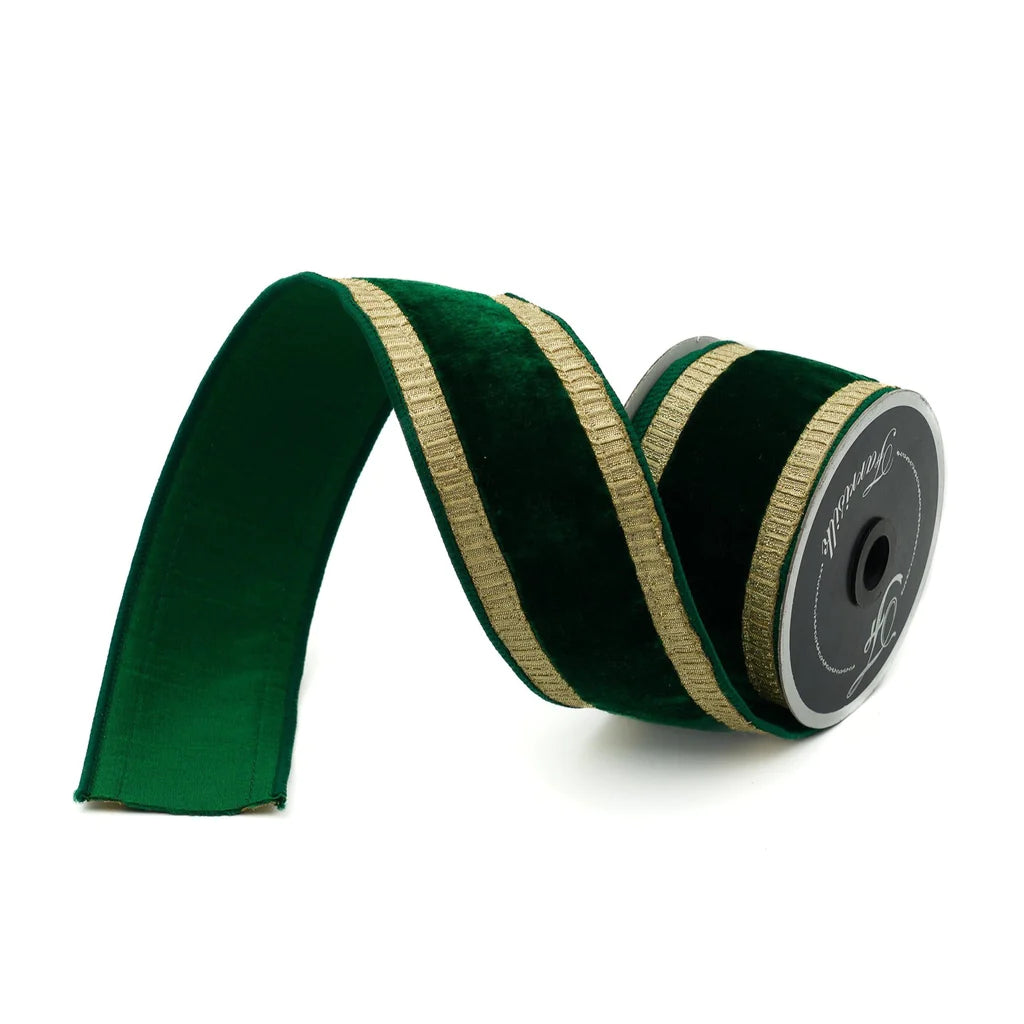 Farrisilk 2.5" x 10 YD Pleated Borders in Emerald Green Velvet and Gold Wired Ribbon