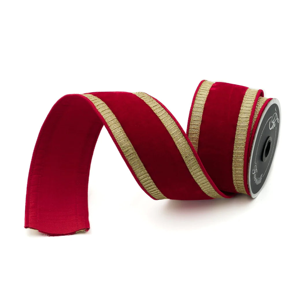 Farrisilk 2.5" x 10 YD Pleated Borders in Red Velvet and Gold Wired Ribbon