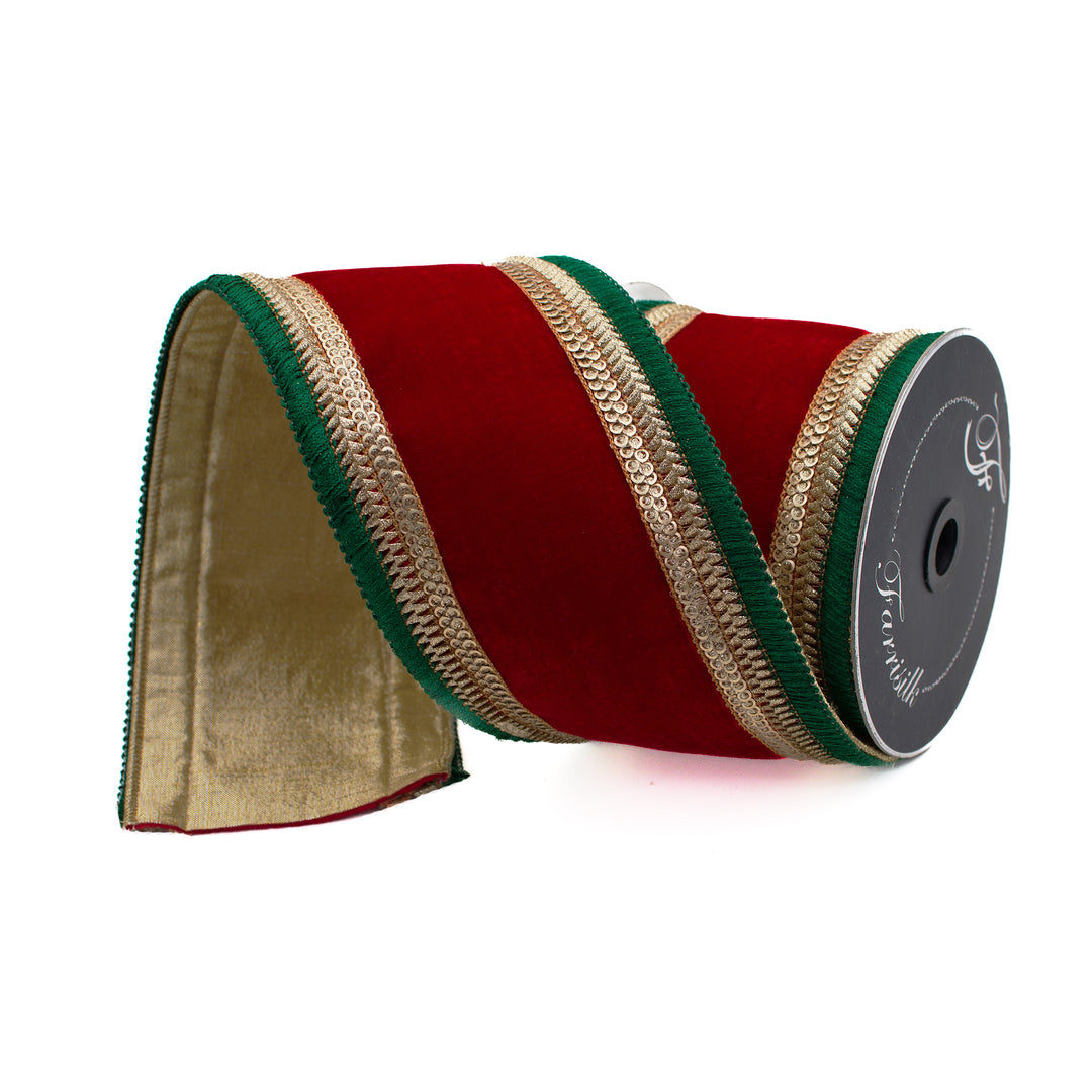Farrisilk 4" X 5 YD Red and Green Royal Fringe Wired Ribbon