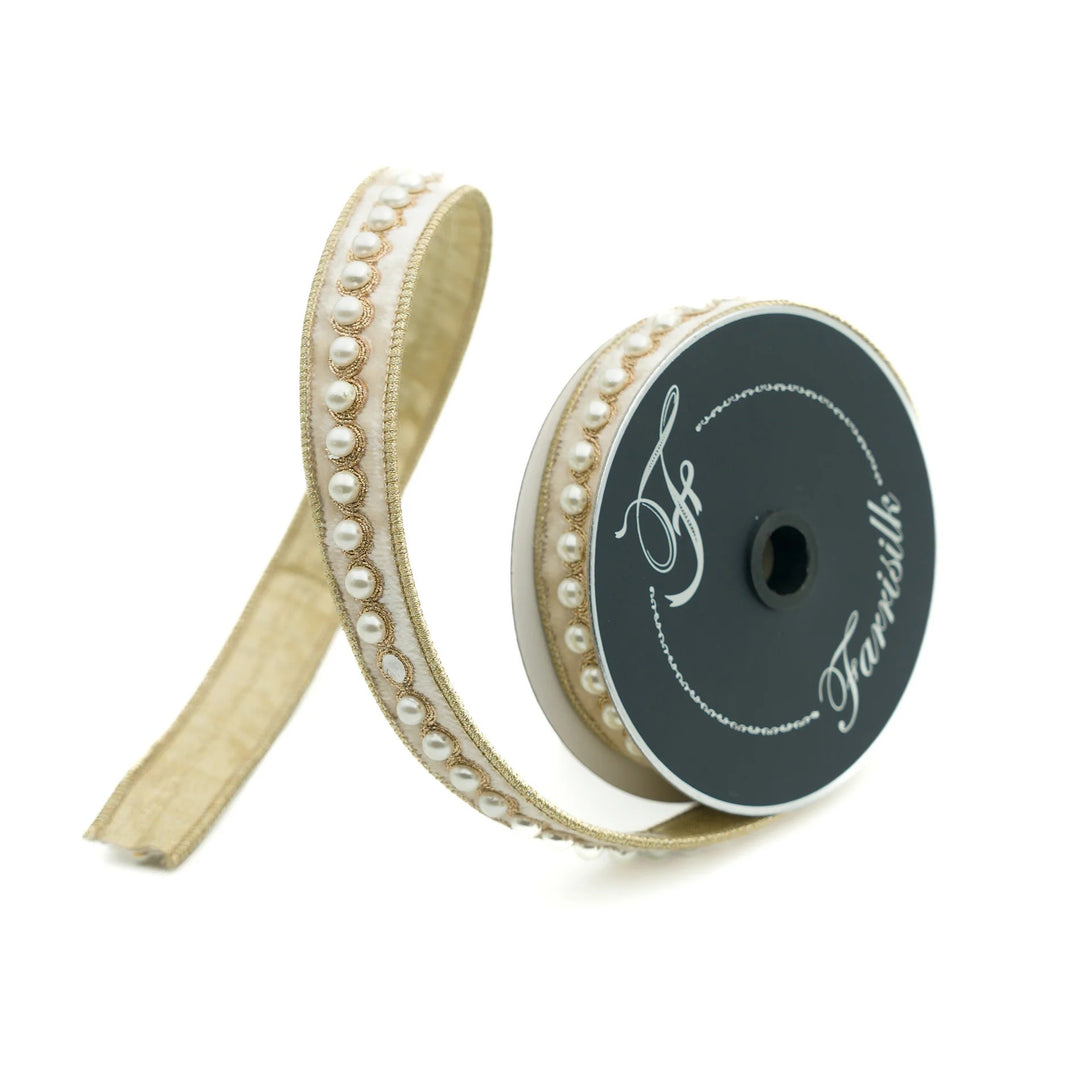 Farrisilk 1 inch x 5 yard ivory pearl borders wired ribbon with gold edging for designer bows, wedding décor, Christmas wreaths, floral arrangements, gift wrapping, and luxury home décor.