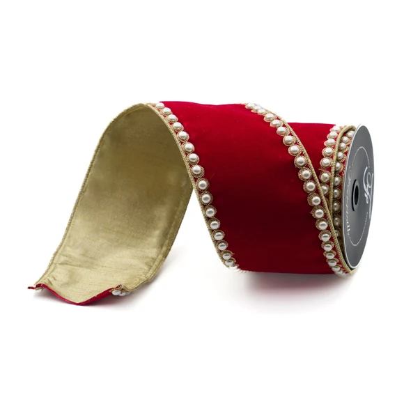 Farrisilk 4" Red Pearl Borders wired ribbon with red velvet, pearl-trimmed edges and gold reverse for luxury Christmas bows and holiday décor.