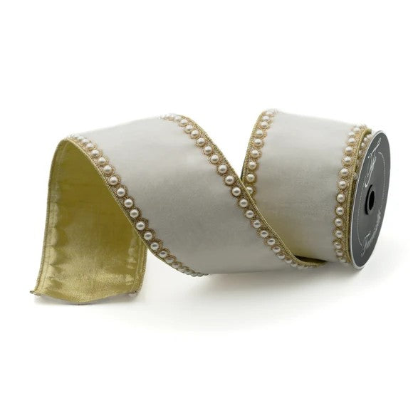 Farrisilk 4 inch Ivory Pearl Borders wired ribbon with pearl trim and gold back for Valentine’s Day, Christmas, wedding bows and luxury décor.