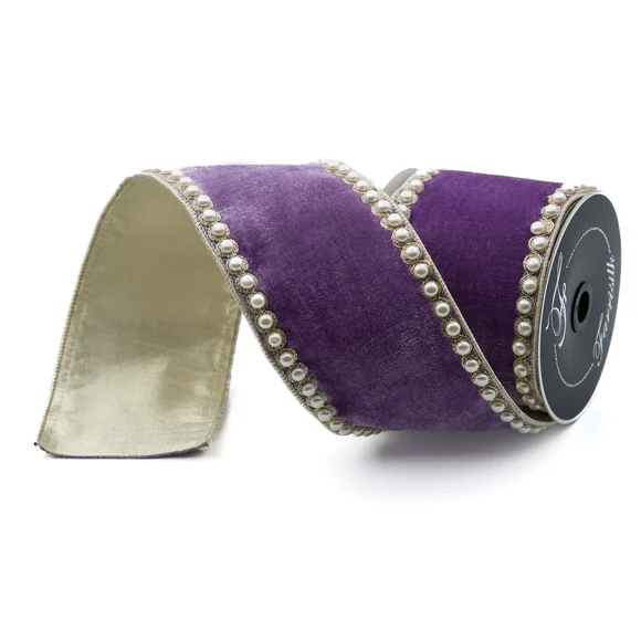 Farrisilk 4 inch Lavender Pearl Borders wired ribbon with lavender velvet, pearl-trimmed edges and gold backing for luxury bows, wreaths and Christmas décor.