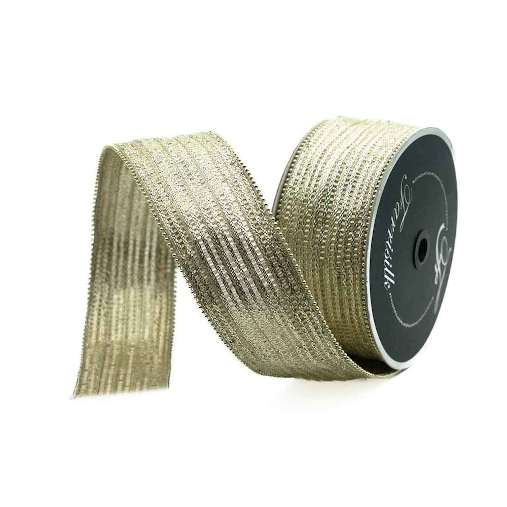 Farrisilk 2.5 inch platinum gold metallic Jingle wired ribbon with textured metallic weave and decorative beaded edges for luxury Christmas bows, wreaths and home décor.