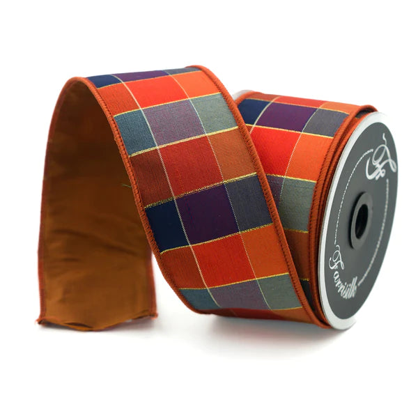 Farrisilk 2.5" x 10 YD Sedona Checks Wired Ribbon in Orange Multi