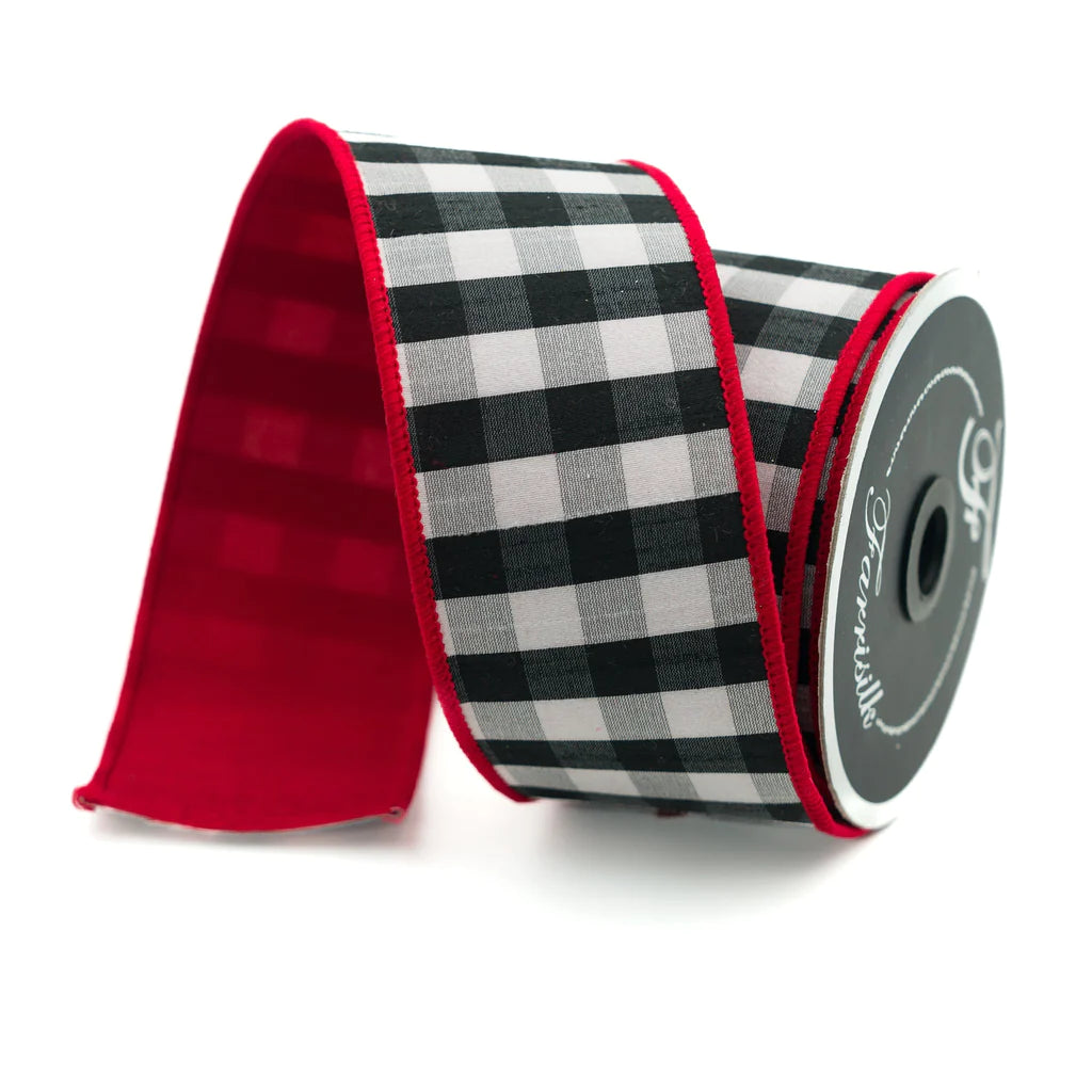 Farrisilk 2.5" x 10 YD Black and White Checks with Red Back Wired Ribbon