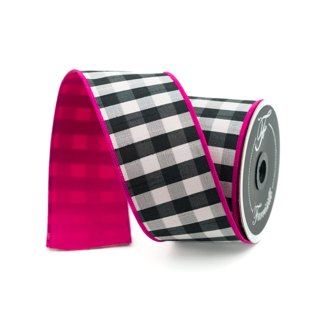 Farrisilk 2.5" x 10 YD Black and White Checks with Hot Pink Back Wired Ribbon